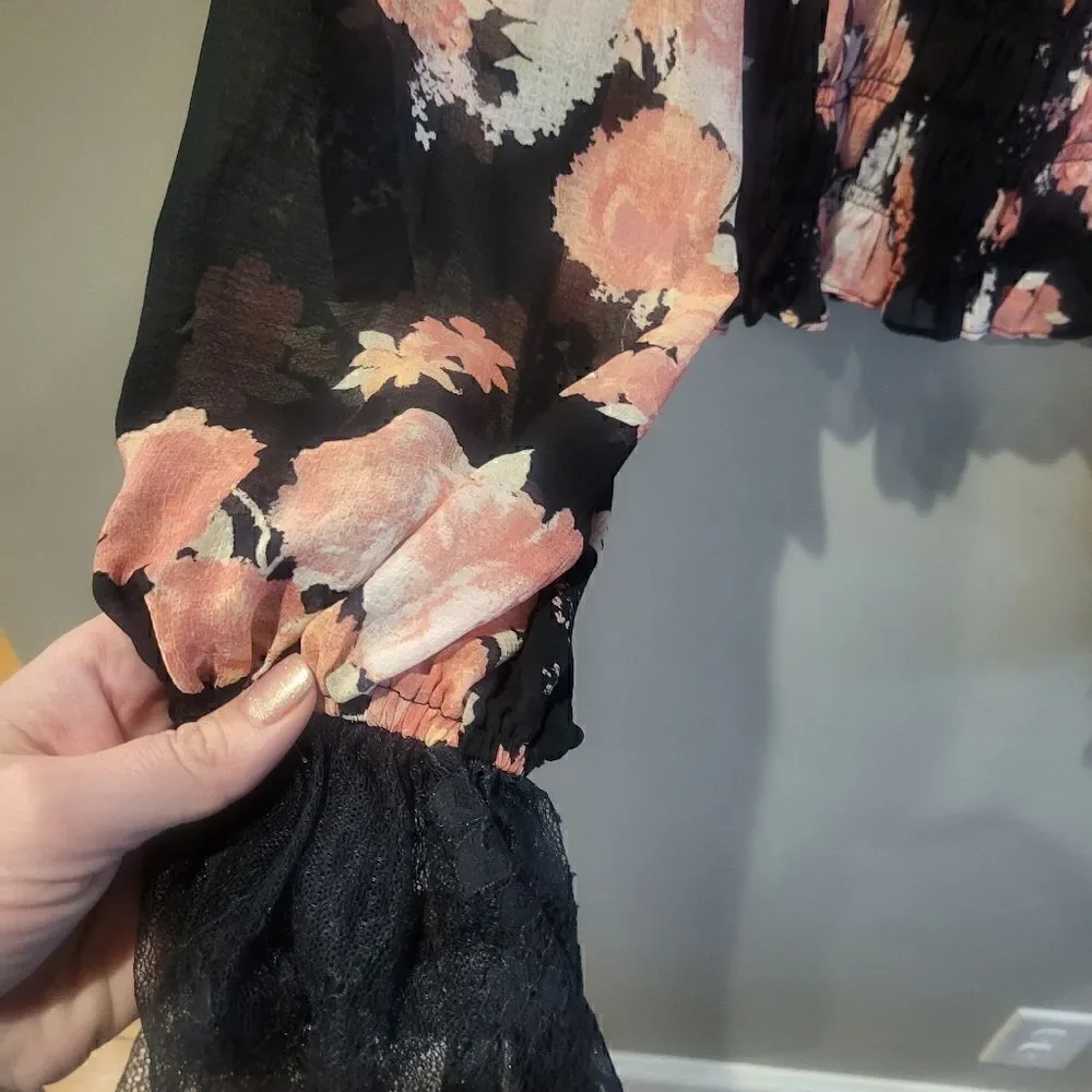 Free People Daphne Blouse Midnight Combo Small Black and Pink Floral